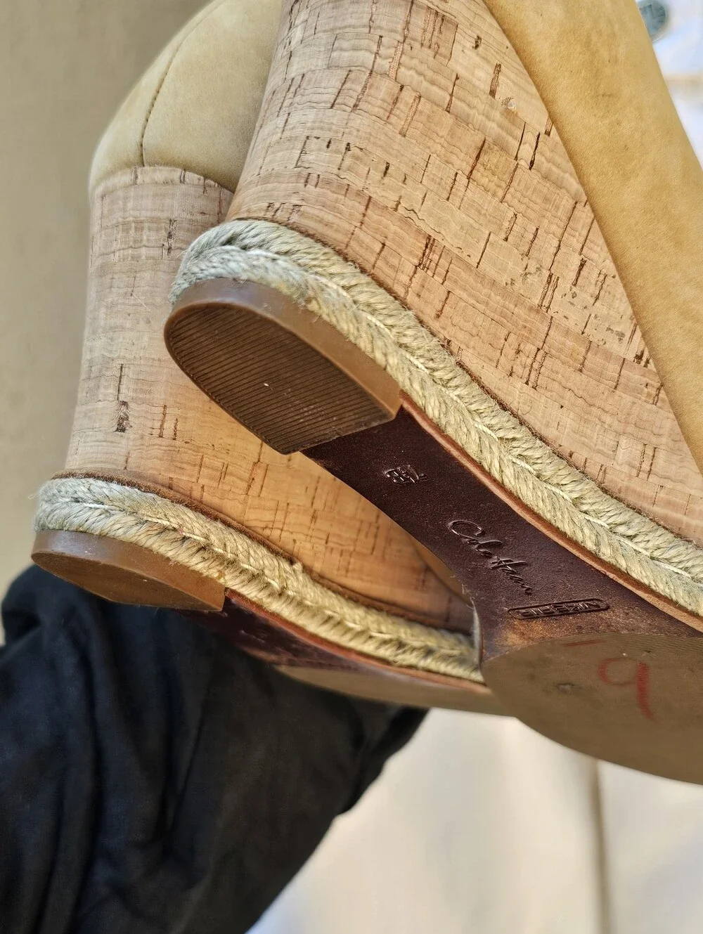 Cole Haan JOCELYN Tan Suede Peep Toe Wedge Espadrilles Heels Sz 7.5